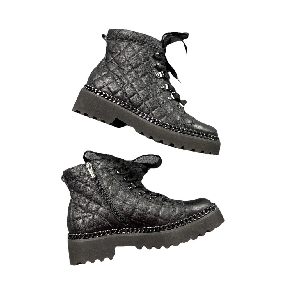 Vince Camuto Quilted Combat Boots Black Lug Sole Chain Trim Size 7